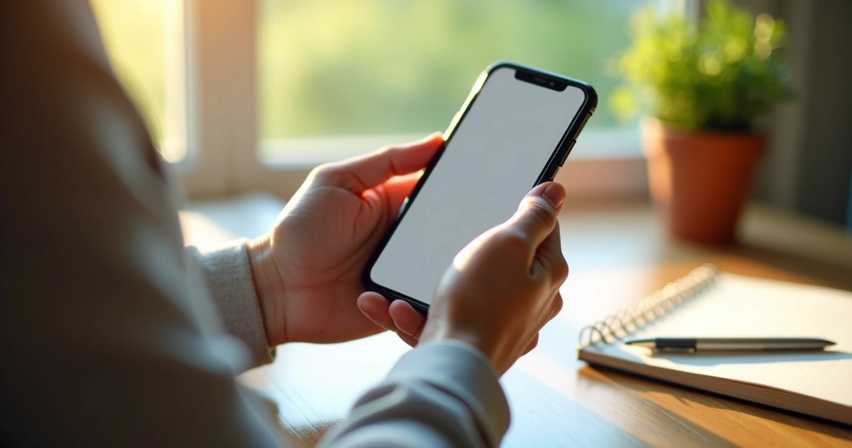 Hands holding a smartphone showing a positive, kind message, with a peaceful background of a sunlit desk and greenery outside the window