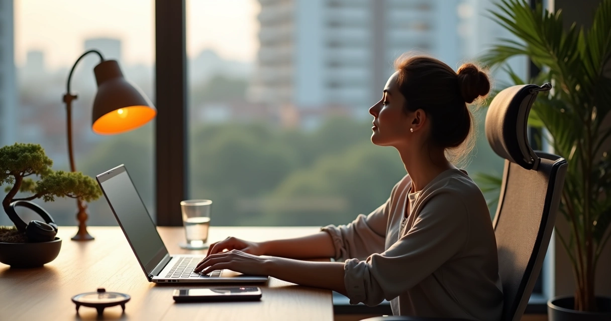 Professional at minimalist desk closing laptop for a mindful pause 
