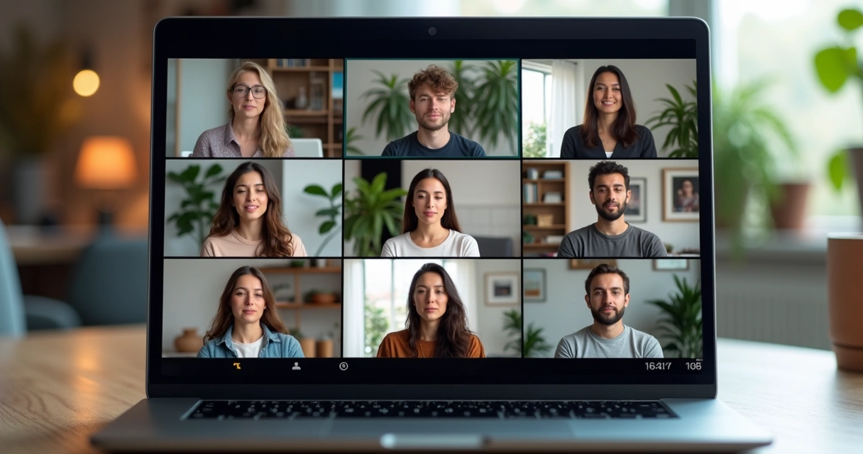Remote team on video call practicing a mindful pause together 