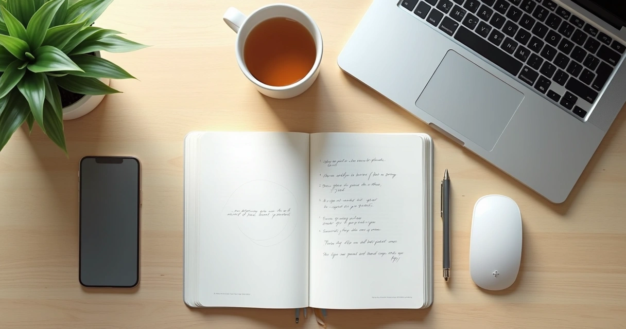 Hands journaling beside laptop and muted phone on a tidy desk