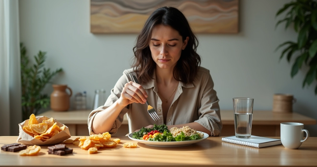 Mulher diante de dois pratos contrastando comer automático e mindful eating 