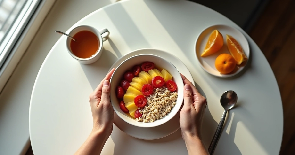 Hands holding a bowl of oatmeal on a wooden table with fruit, spoon, and cup of tea