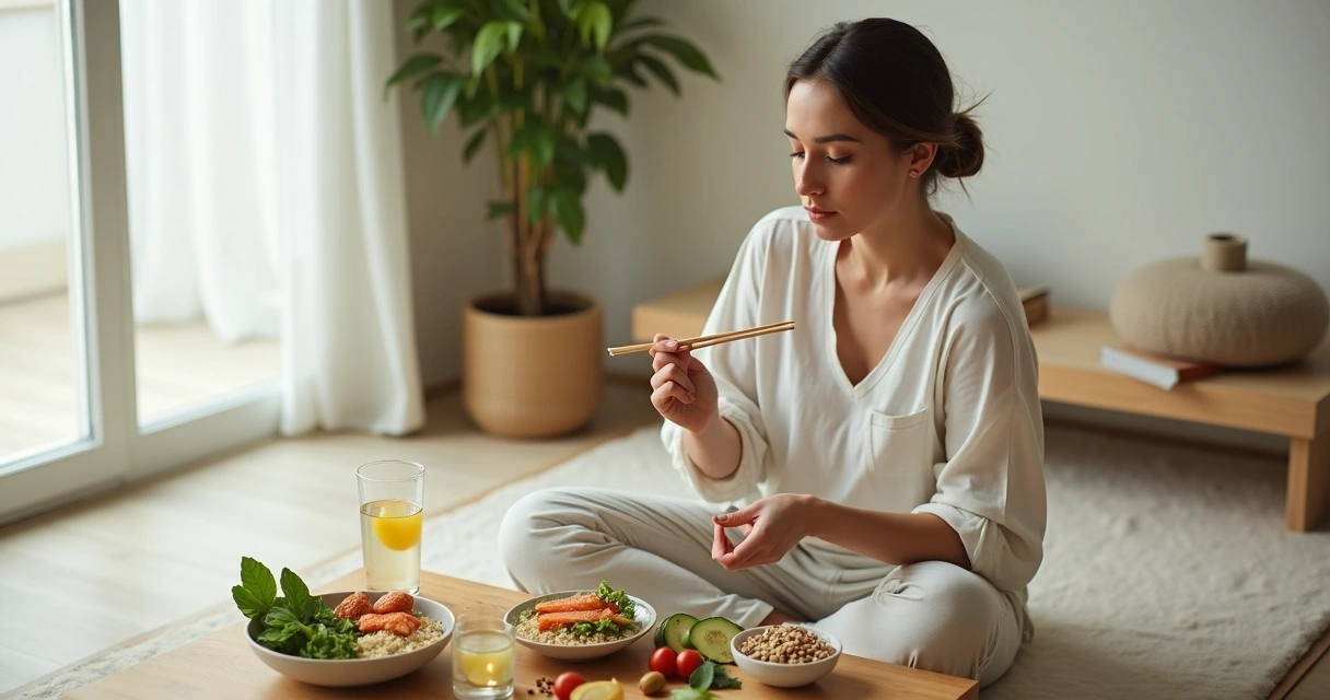 Woman practicing mindful eating with a balanced meal in a calm living room 
