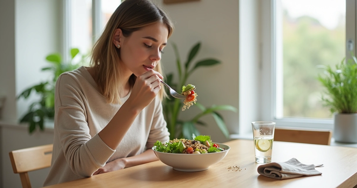Mulher comendo salada com atenção plena diante de mesa organizada 