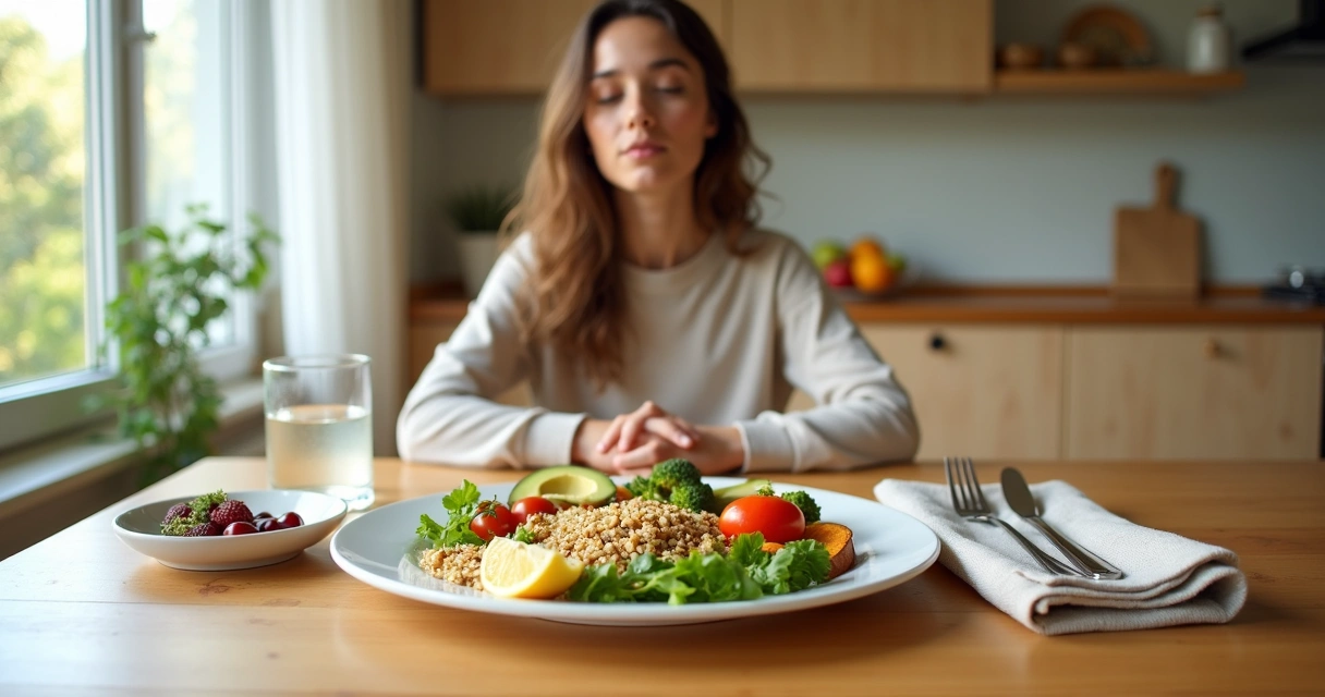Mulher praticando mindful eating diante de prato colorido de alimentos naturais 