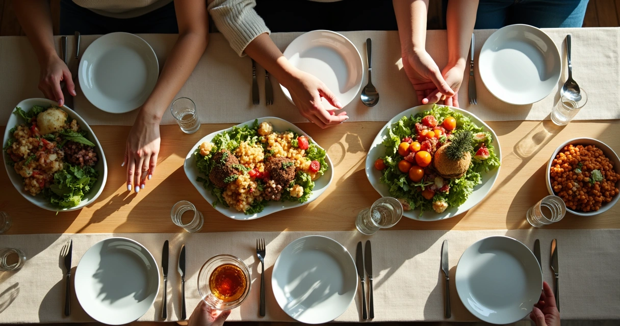 Table set with healthy food and hands pausing before eating 