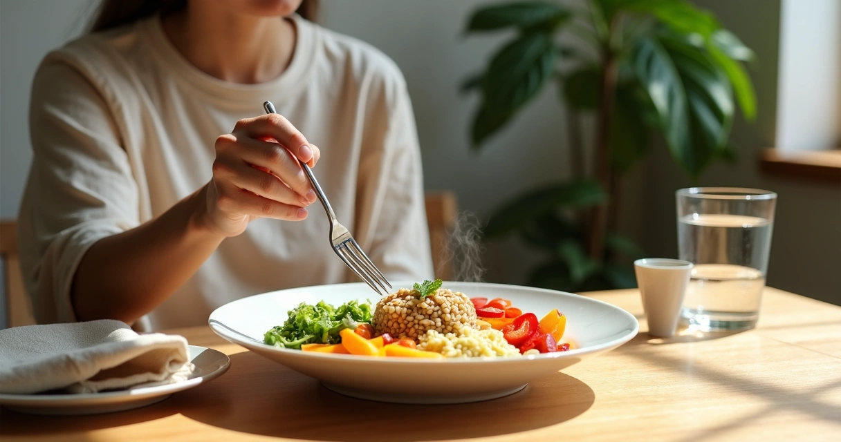 Person eating slowly at a simple table with a single vivid meal and a calm reflective atmosphere 