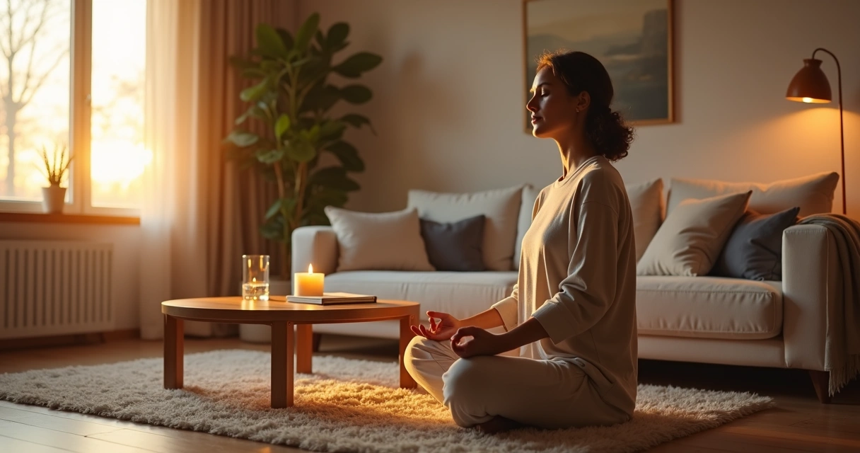 Person practicing mindful breathing in a cozy living room at sunset 