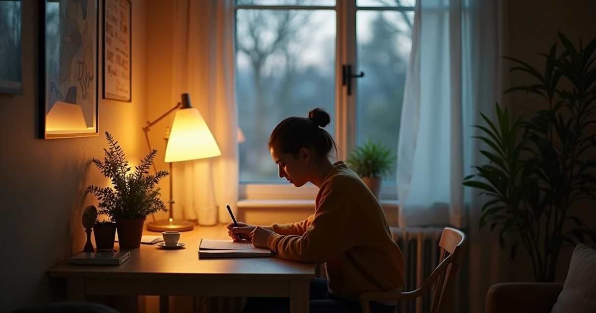 Person reflecting with a notebook at a calm evening desk, soft light, peaceful atmosphere
