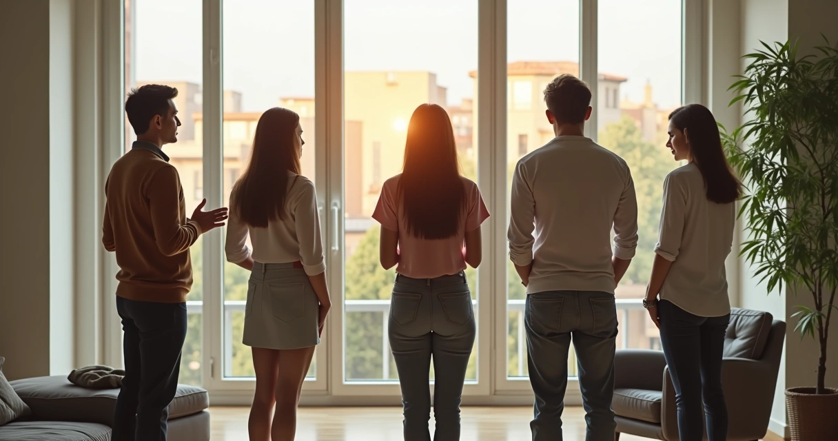 Facilitator leading a group mindful break by the window 