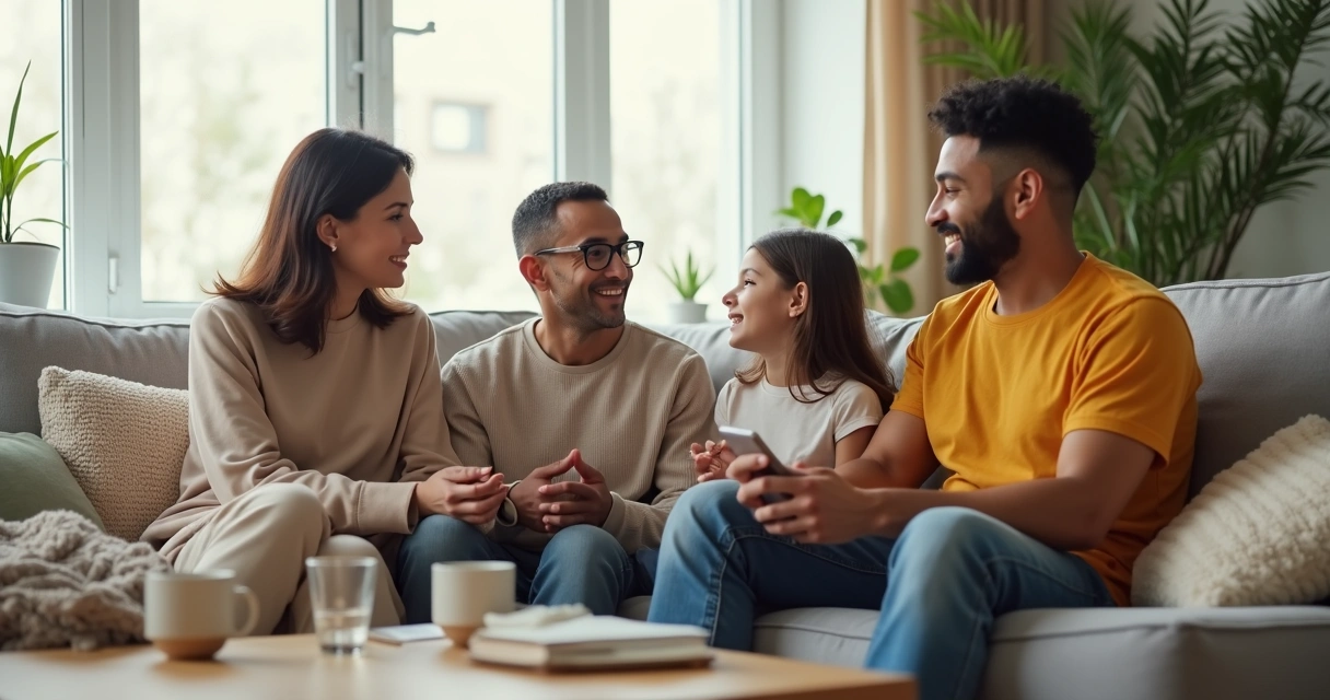 Family sitting calmly in living room practicing mindful communication 