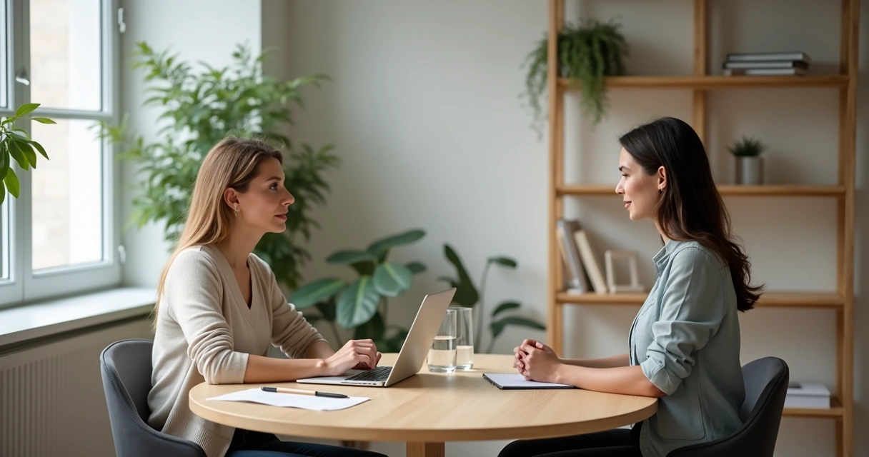 Two coworkers in a calm office having a thoughtful feedback conversation 
