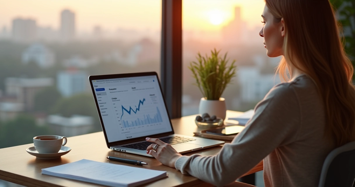 Person calmly reviewing finances at a tidy desk with plants and city view 