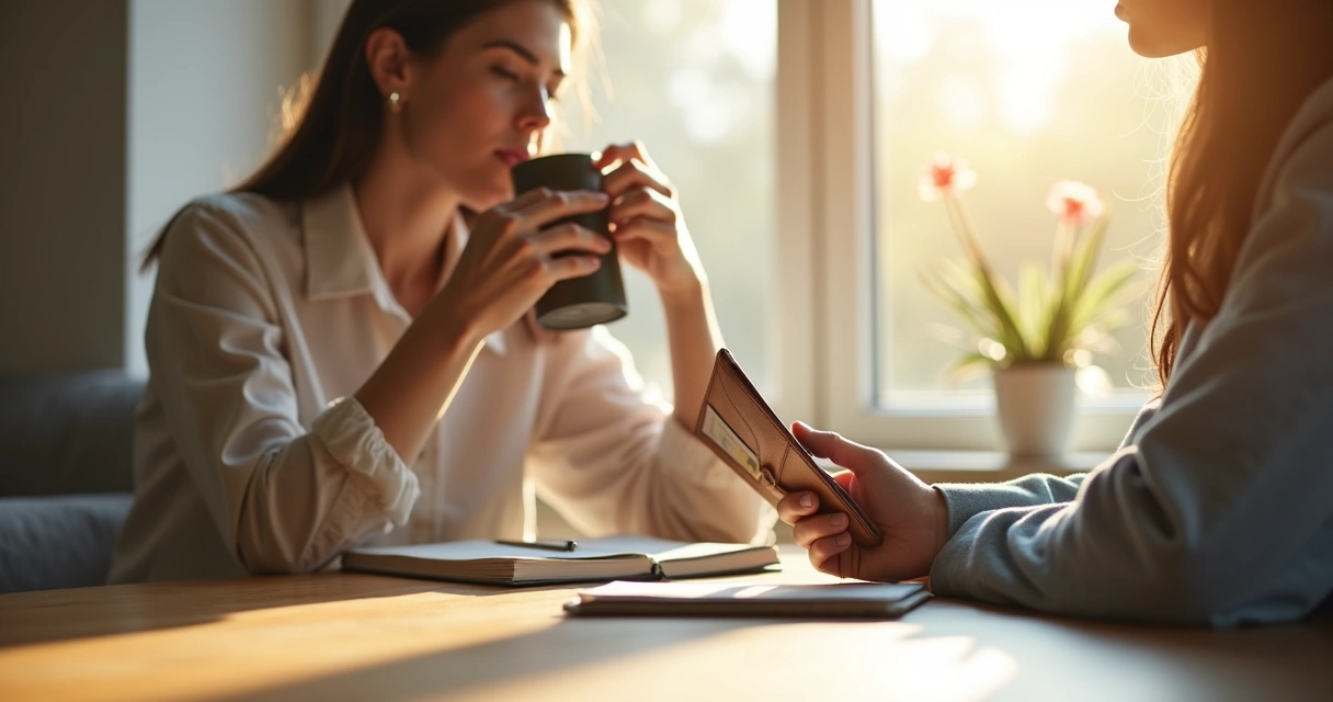 Person holds wallet with sunlight coming through window 