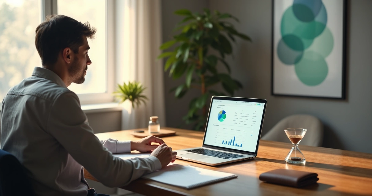 Person calmly reviewing finances at desk with transparent reflection overlay 