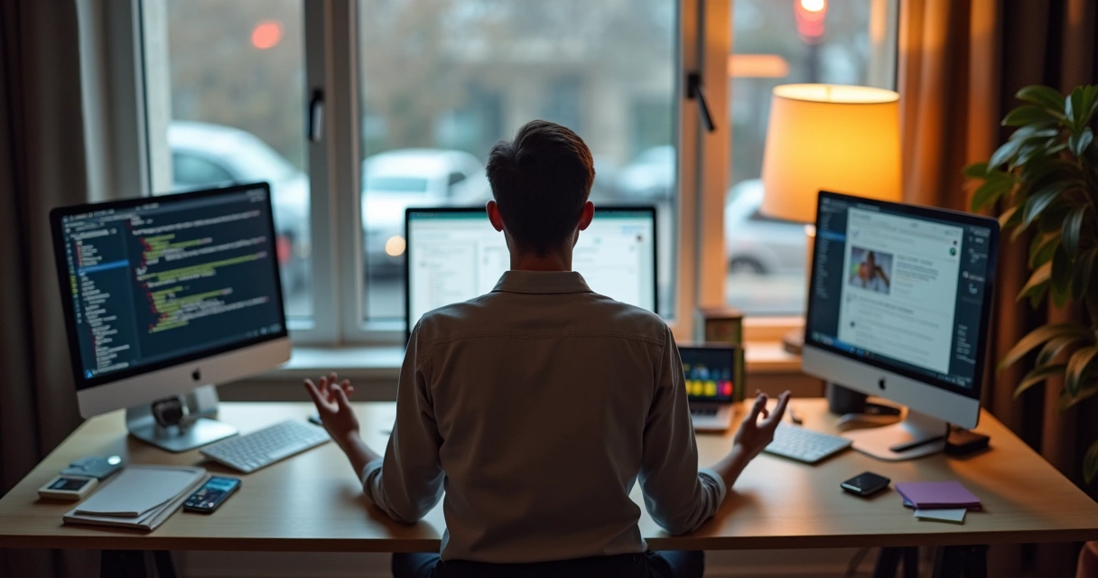 Person meditating at a desk surrounded by blurred digital distractions 