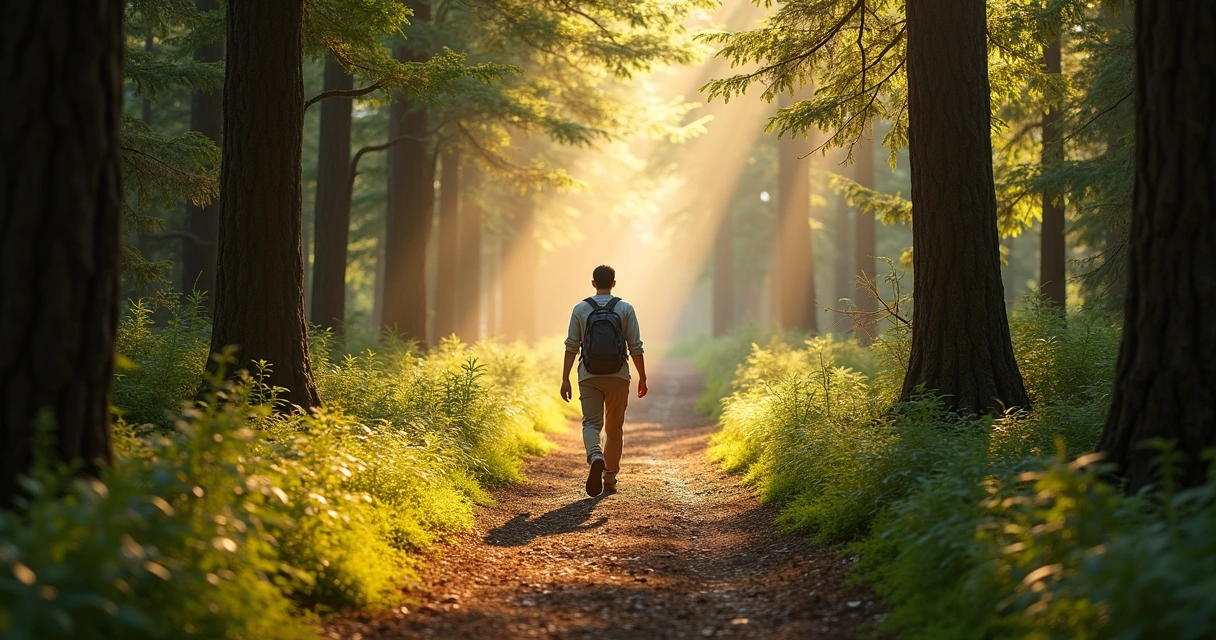 Person walking alone on a forest trail with sunbeams filtering through tall trees 