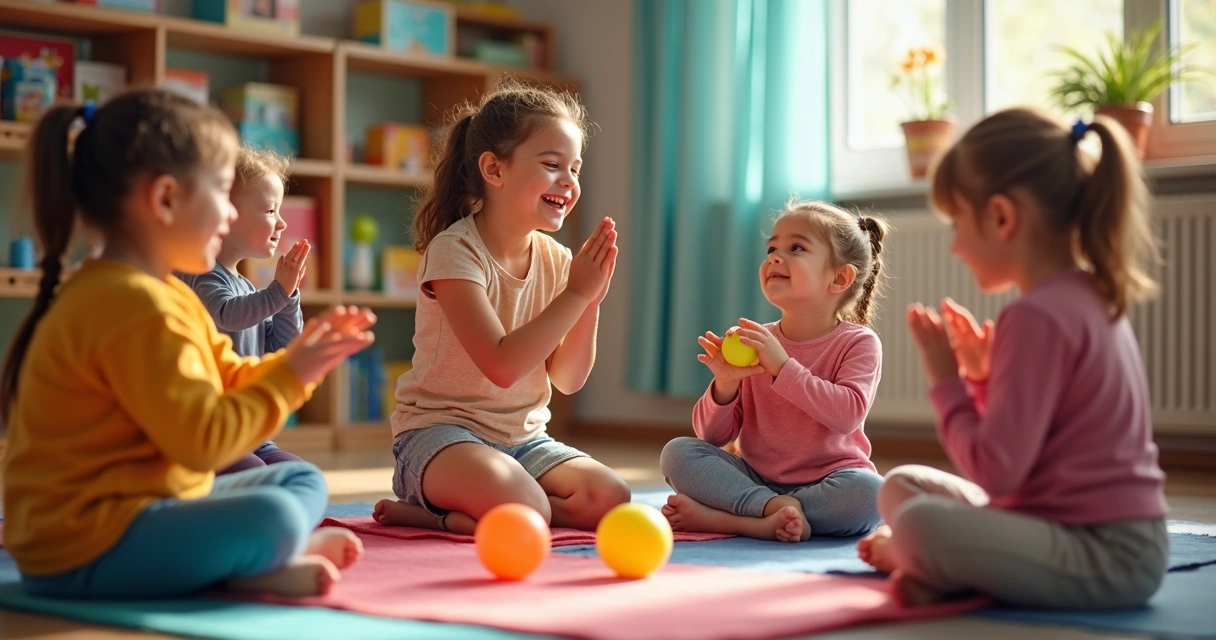 Children doing a mindfulness game with colorful objects in a classroom 