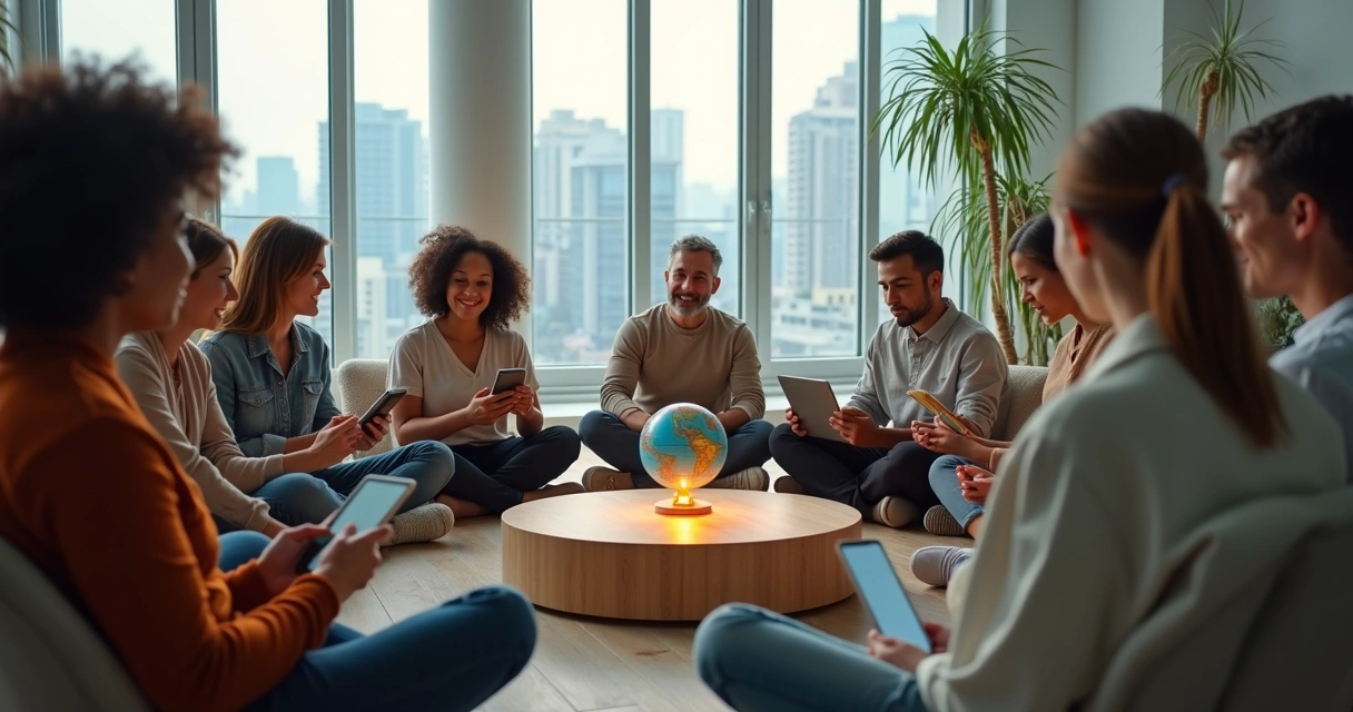 Diverse group in a circle practicing mindful global communication 
