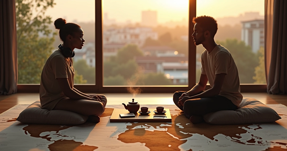 Two people sitting on a world map floor sharing tea in thoughtful conversation 