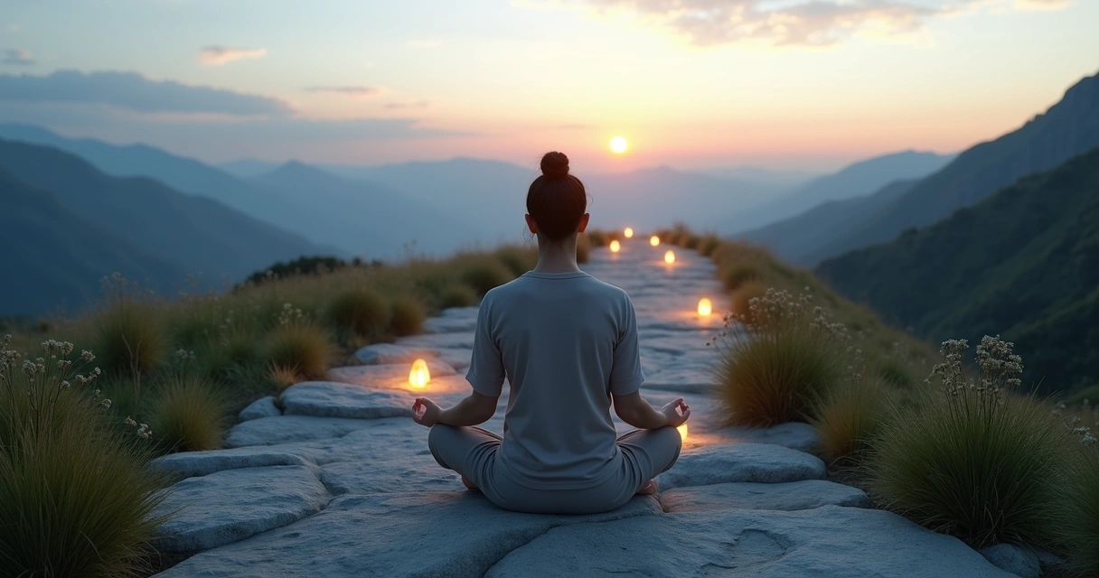 Person meditating on a path toward distant mountains with glowing milestones 