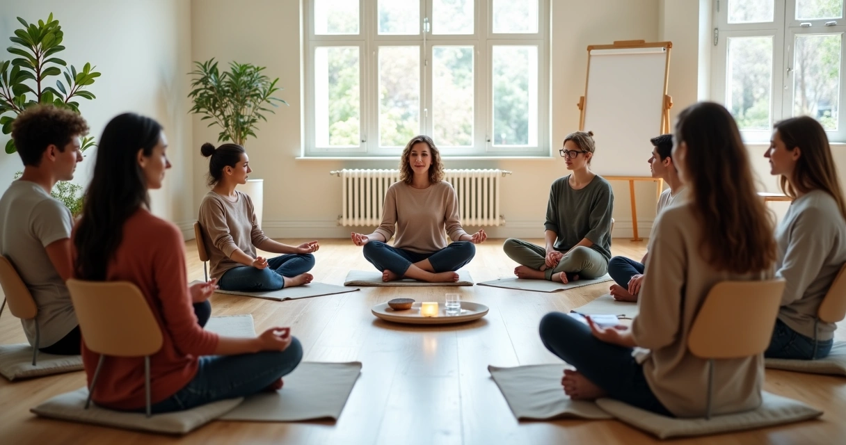 Facilitator guiding a diverse group in a mindful circle session 