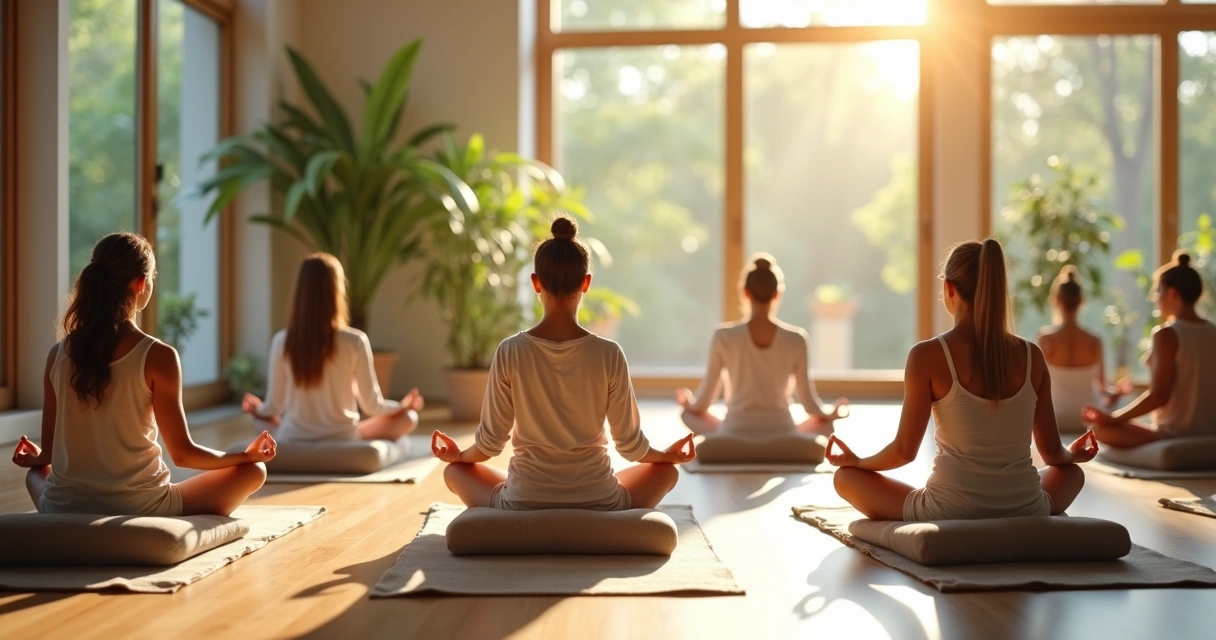 People meditating together indoors with natural light 