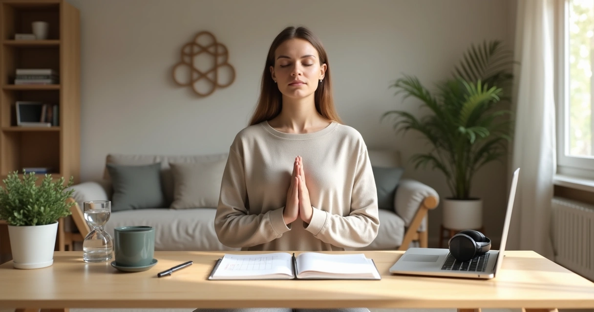 Person practicing mindful breathing and habit tracking at a minimalist desk 