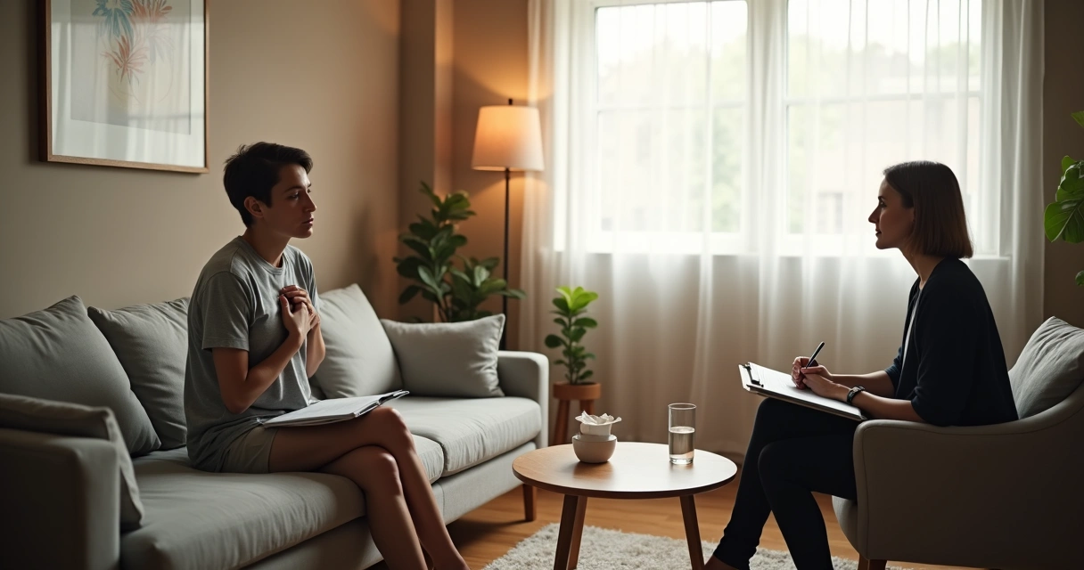 Person sitting on sofa with hand on heart during therapy session 