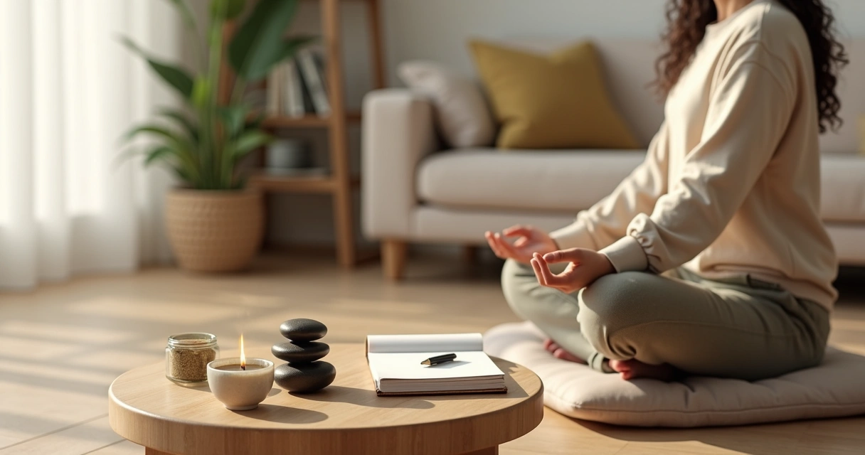 Person journaling intentions after meditation in a calm home setting 