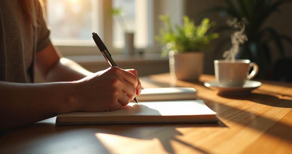 Person writing in a journal with a cup of tea nearby 