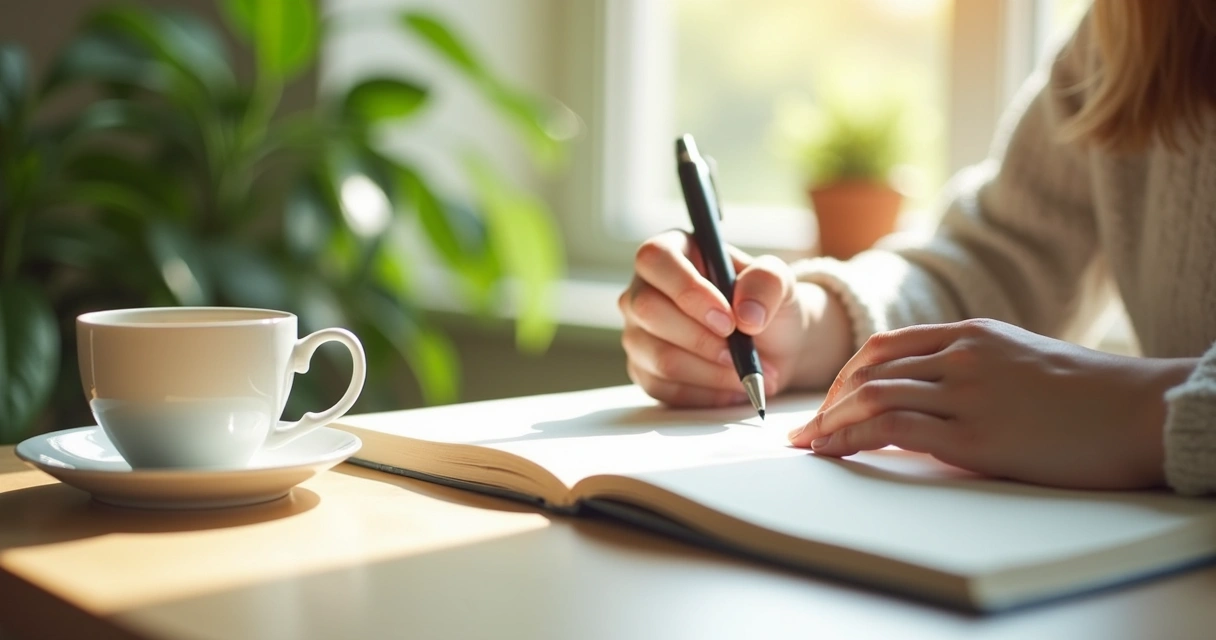 Person journaling in a quiet space, calm atmosphere, open notebook, sunlight through window