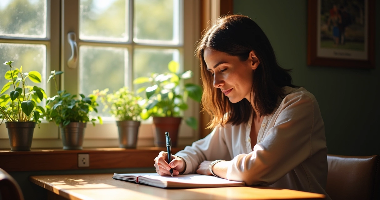 Woman journaling beside a window with plants around 