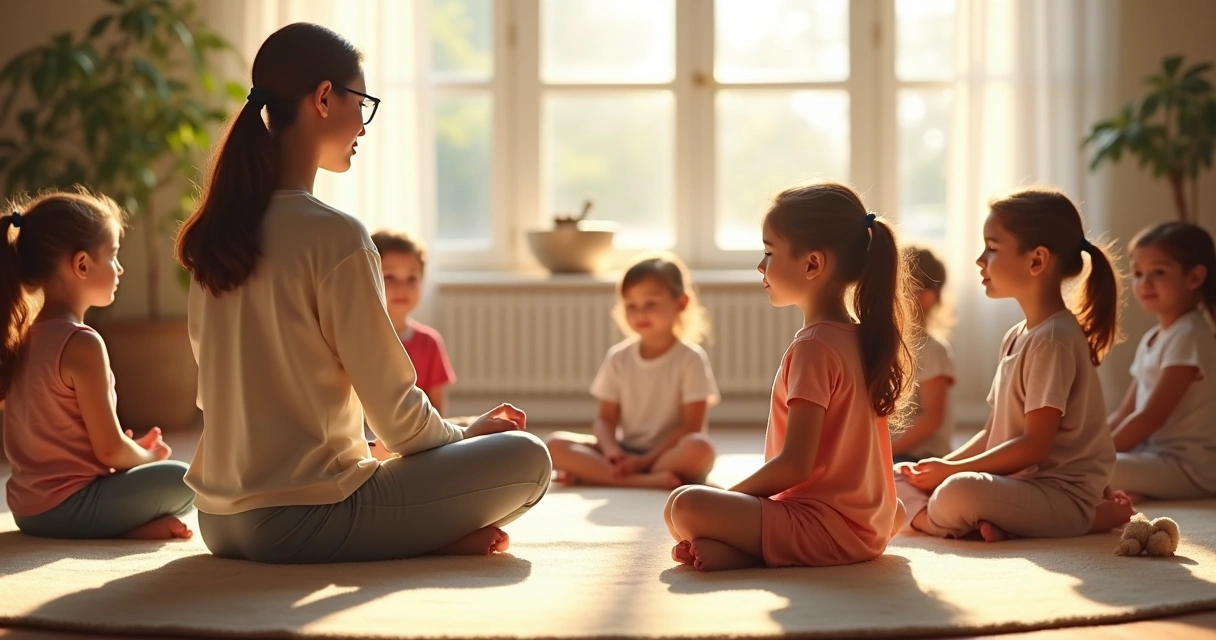 Small group of children sitting in a circle doing a guided mindfulness activity 