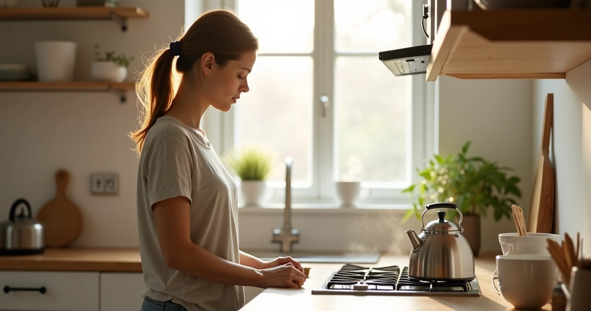 Person pausing mindfully in a bright kitchen while water boils