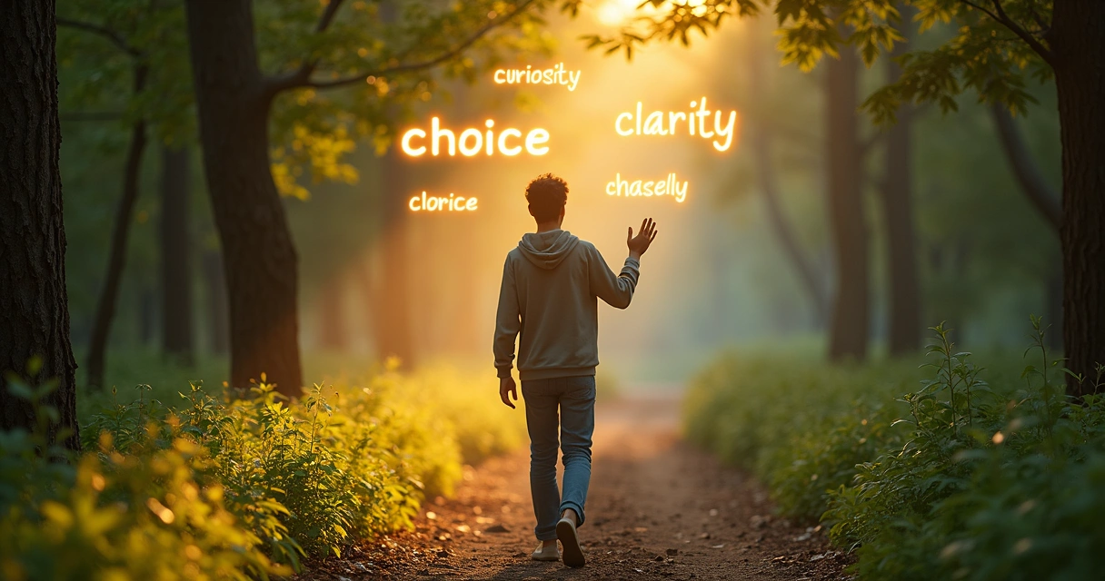 Person walking through forest path with glowing words floating in the air 