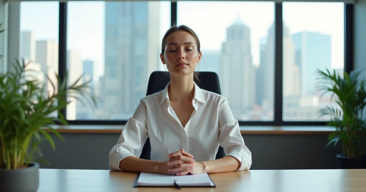 Leader practicing mindfulness at desk in a corporate office 