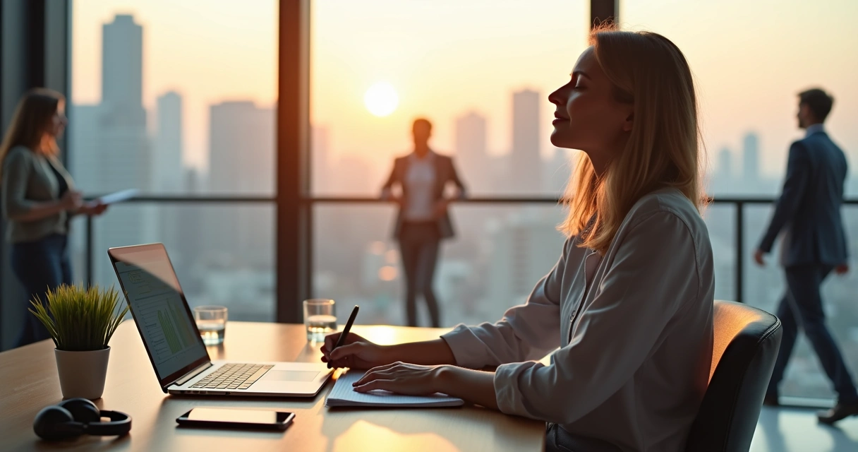 Professional pausing mindfully at tidy work desk with city view 