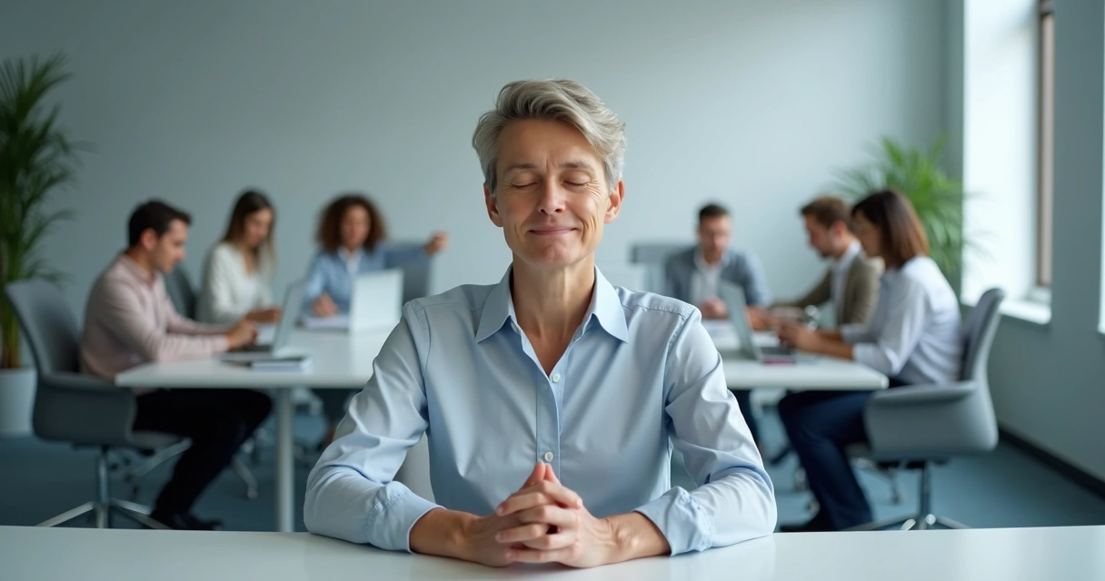 Leader practicing mindfulness at a desk with calm expression 