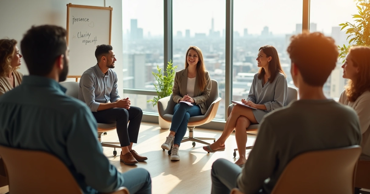 Calm leader guiding a diverse team in a mindful circle meeting 