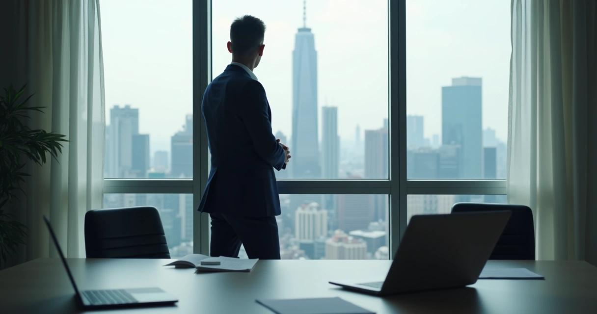 Business leader contemplating decision at office window