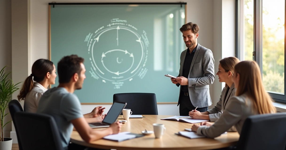 Leader facilitating a mindful feedback loop with a diverse team in a calm meeting room 