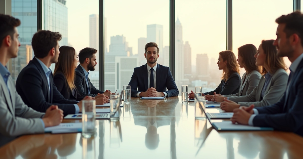 Calm leader practicing presence at head of meeting table 