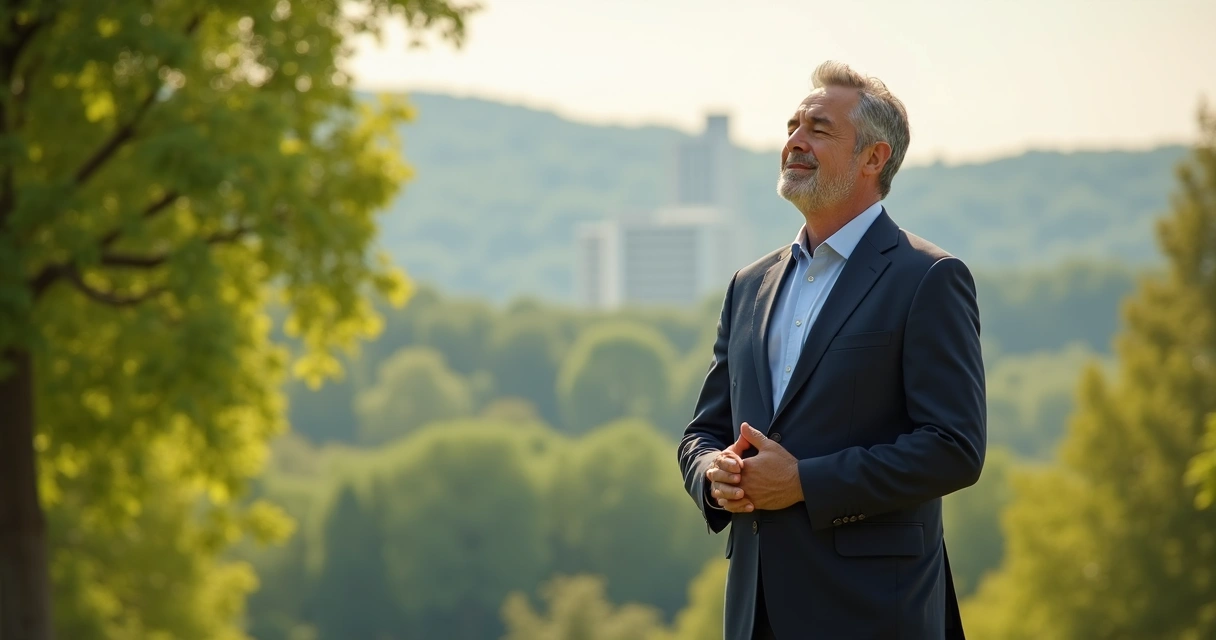 Leader in business attire practicing mindfulness outdoors