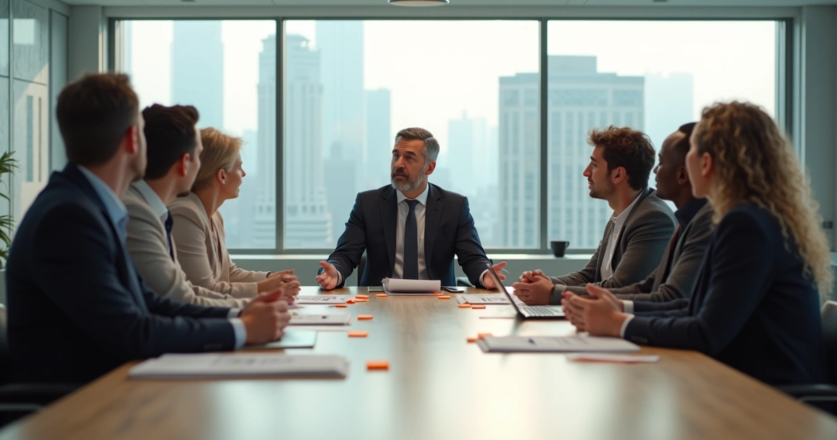 Leader in business attire listening attentively to a team member in a modern office