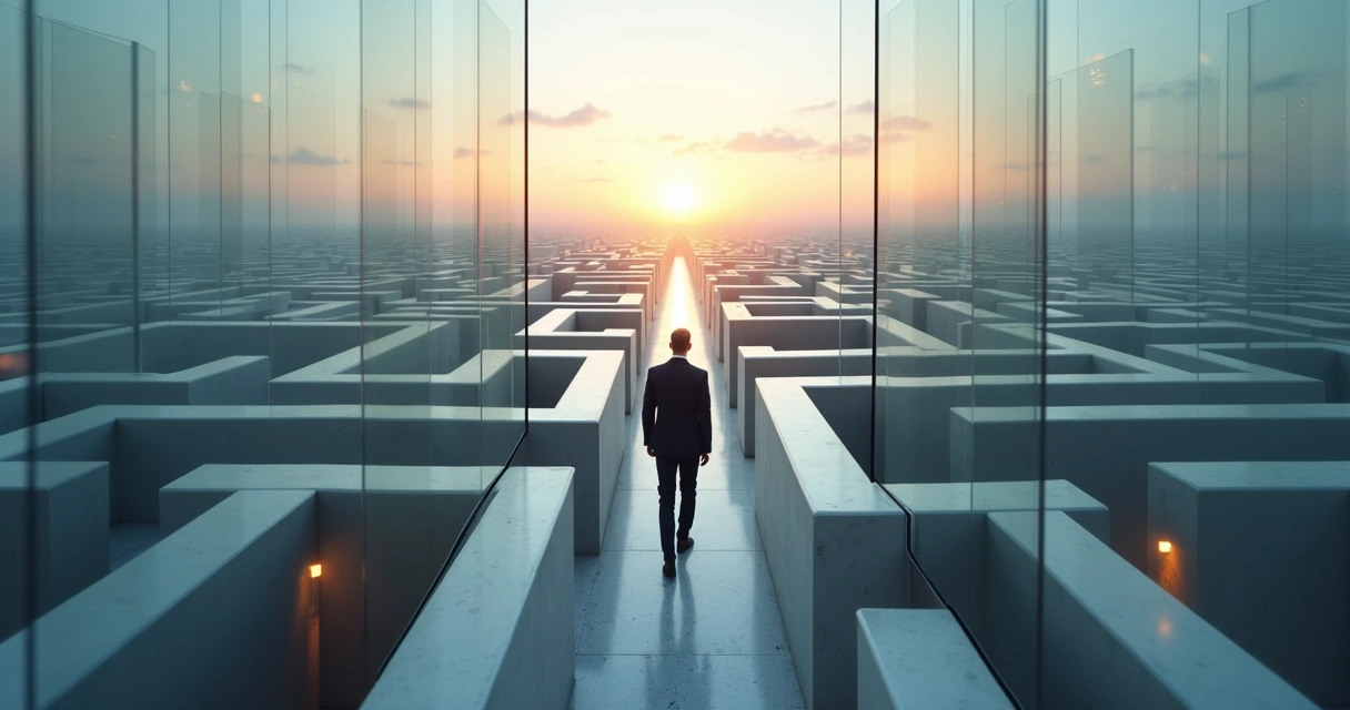 Executive walking through a glowing labyrinth of walls blocking a calm horizon 