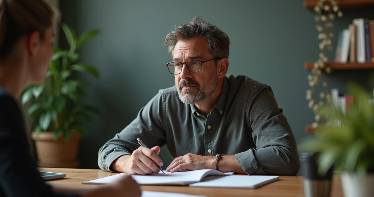 Leader reflecting mindfully at desk 