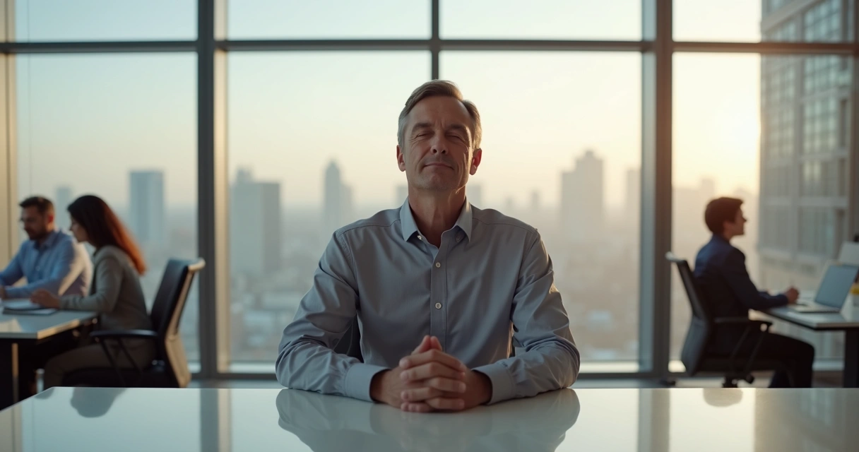 Modern office leader pausing for mindful breath at desk