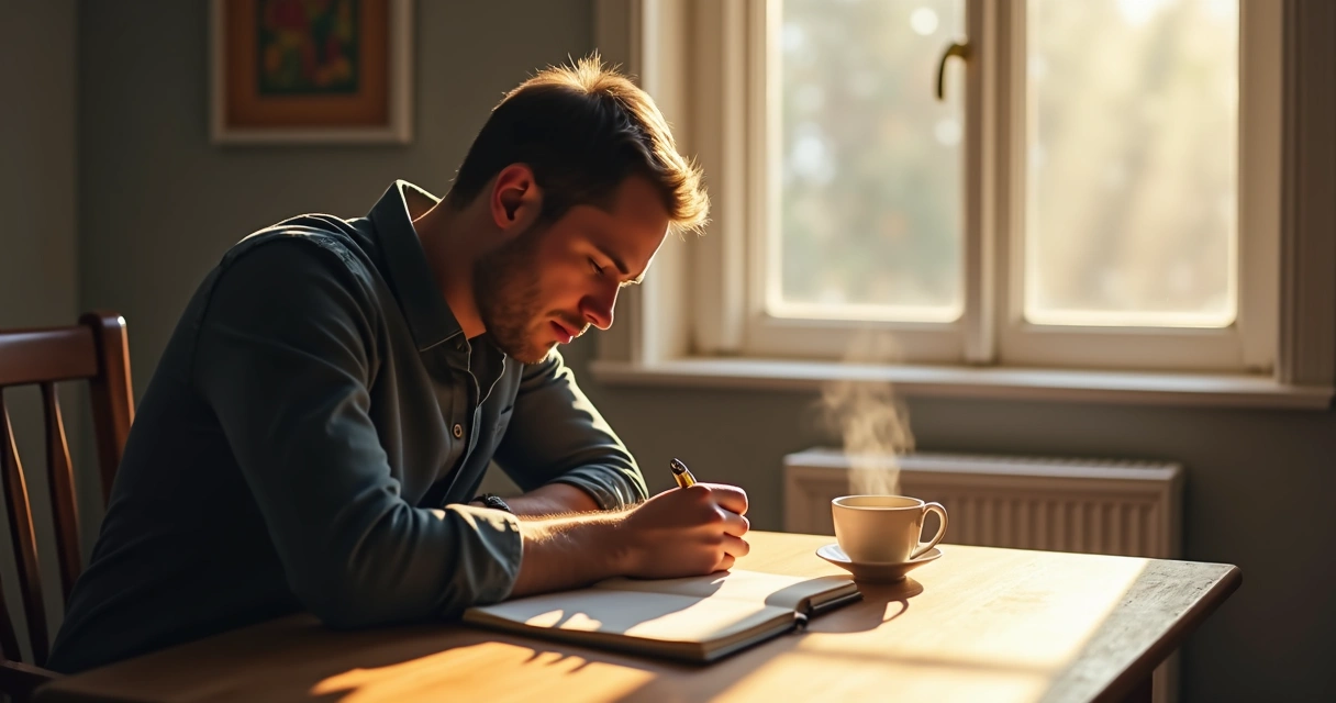 Man sitting quietly in a warmly lit room, reflecting with a journal and a cup of tea on a wooden table. 