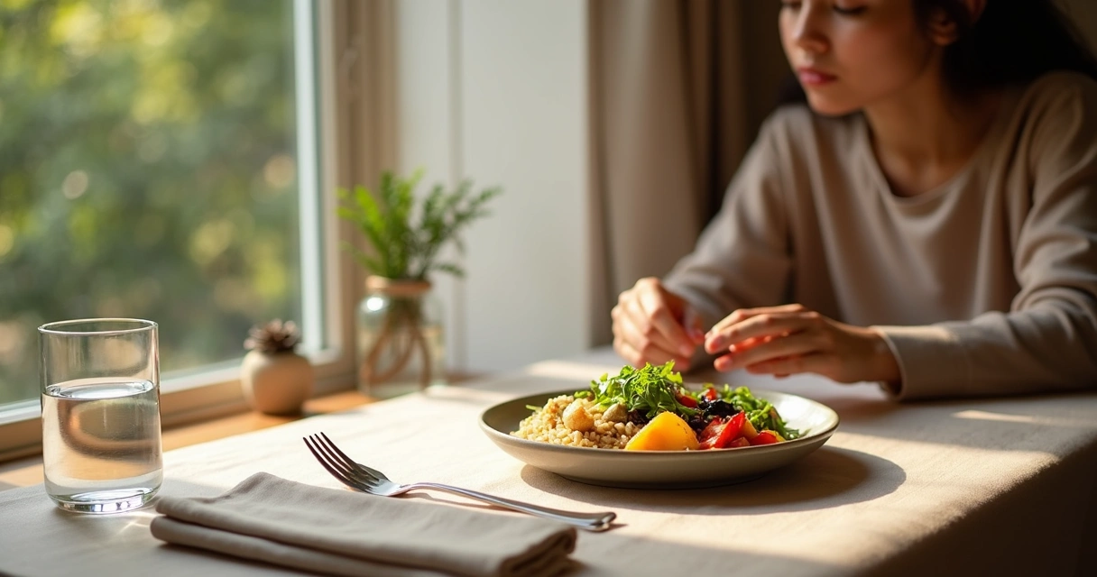 Person pausing before a meal at a quiet table